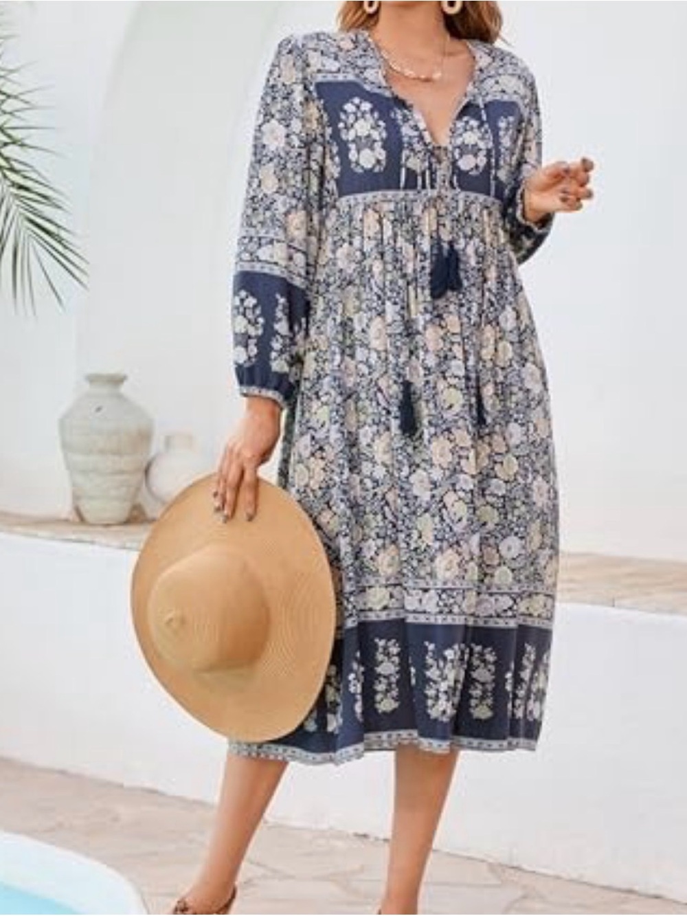 R.Vivimos Retro Long Sleeve Floral Boho Midi Dress Tassel Tie Sz XL